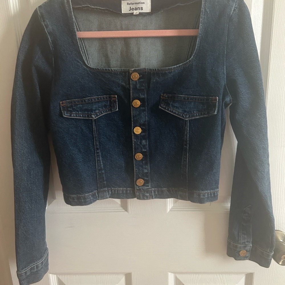 Reformation Dark Blue Denim Jacket with Gold Buttons